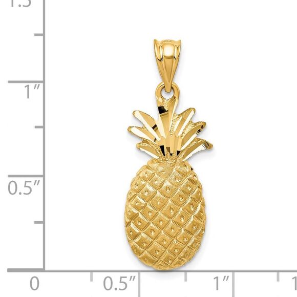 14k Yellow Gold Satin and Diamond Cut Pineapple Pendant - Picture 5 of 6